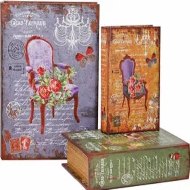 Imagem de Kit 3 Caixas Livro Secreto Falso Decorativo Madeira Porta Objetos Documentos Estilo Antigo Fake Cofre Magnetico