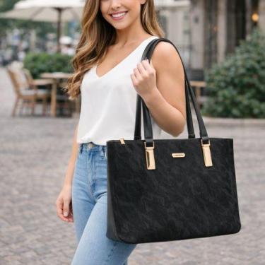 Imagem de Bolsa Chenson Ombro Preta Luxo Detalhes Dourados e Relevo, Único, Pret