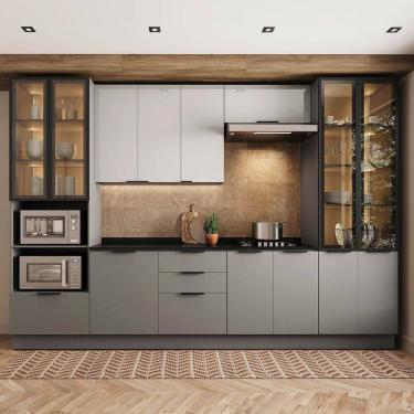 Imagem de Cozinha 6 Peças com Paneleiro para Forno e Micro-ondas com Vidro Fumê e Iluminação Lumina Cinza