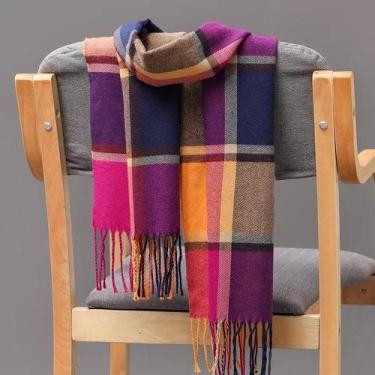 Imagem de Cachecol Feminino De Inverno Em Cashmere Xadrez Macio, Liso, Tipo Xale
