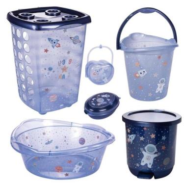 Imagem de Kit cesto de roupa de bebê decorada plasutil 6 peças + bacia + lixeira