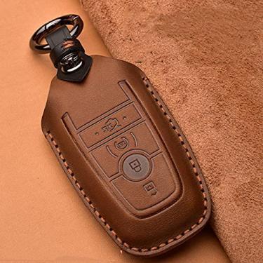 Imagem de YJADHU Porta- chaves do carro em couro porta-chaves com controle remoto inteligente porta-chaves da tampa do porta-chaves, adequado para Ford Mustang 2018 EcoSport, 4 botões marrom