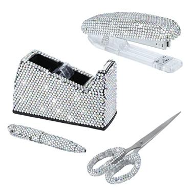 Imagem de Conjunto de artigos de papelaria, kit de acessórios de mesa, necessário para escritório em casa - grampeador e dispensador de fita de mesa e canetas esferográficas e tesoura 4 peças Kits de acessórios para mesa de escritório (branco e AB)