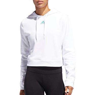 Imagem de Pulôver com capuz feminino Adidas 3 listras cropped tecido felpudo (branco/verde/PP)