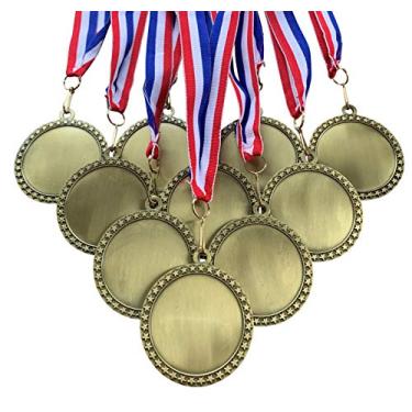 Imagem de Pacote com 10 fitas de metal fundido de 6,35 cm de diâmetro, inserção de medalhas de estrelas em ouro branco antigo e vermelho e gola azul