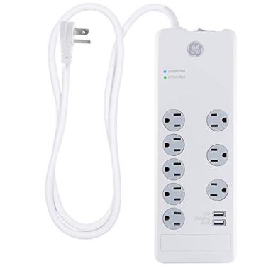 Imagem de GE Protetor SurGE Pro de 7 tomadas, 2 portas USB, cabo de alimentação de 1,2 m, 2100 joules, 3 adaptadores de tomadas espaçadas, plugue plano, tampas de segurança torcidas para fechar, filtro de