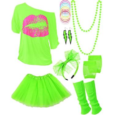 Imagem de Fantasia feminina dos anos 80 com acessórios, camiseta, saia tutu para festa temática de Halloween, Verde fluorescente, 3G