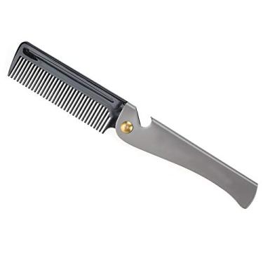Imagem de Pente dobrável para barba, pente de bigode de bolso de aço inoxidável pente para barba de dentes finos para pentear o cabelo (02#preto)
