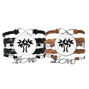 Imagem de DIYthinker Pulseira preta com contorno de planta de coqueiro, alça de mão, pulseira de corda de couro, conjunto duplo para presente