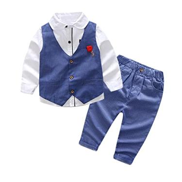 Imagem de Camiseta de manga comprida para meninos e crianças, colete e calça de cavalheiro, roupa para a mamãe, Azul, 4-5 Anos