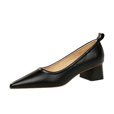 Imagem de Sapato feminino clássico sem cadarço de couro bico fino salto alto 4,5 cm salto grosso quadrado moda sapatos de escritório, Preto, 6.5