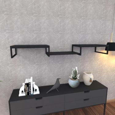 Imagem de Prateleira Industrial Suspensa Estante Parede Nicho Preto Ferro E Madeira Suporte Pratileira