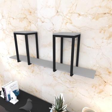 Imagem de Prateleira Industrial Suspensa Estante Parede Nicho Cinza Ferro E Madeira Suporte Pratileira