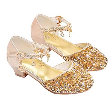 Imagem de CsgrFagr Sapatos femininos de flores salto Mary Jane festa de casamento sapatos balé dança princesa glitter sapatos para pequenos, Dourado, 4 Big Kid