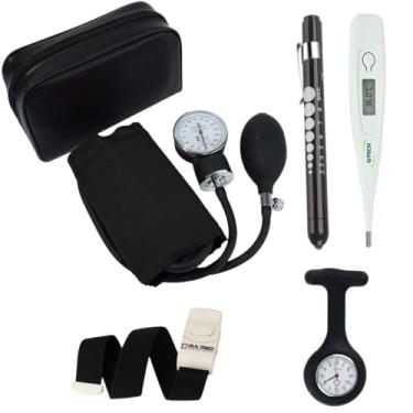 Imagem de Kit Procedimentos Enfermagem Preto Esfigmomanômetro Garrote Lanterna Clínica Relógio Lapela e Termômetro