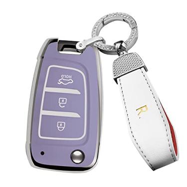 Imagem de ontto Capa de chaveiro adequada para Hyundai Solaris 2 i30 Kona Flip Remote TPU Key Glove Light e suporte de chave brilhante roxo