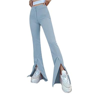 Imagem de Calça feminina flare folgada cintura alta para relaxar verão algodão jeans calça social ajuste solto, Azul, P