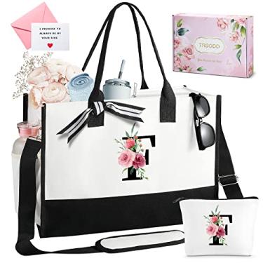 Imagem de Sacola feminina de presente de aniversário para amigos, bolsa de praia floral com bolsa de maquiagem, presentes personalizados para mãe, avó, professora, dama de honra, noiva, com bolso interno, bolso lateral, alça de ombro, cartão, caixa de presente F