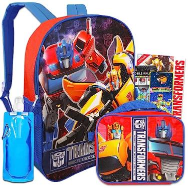 Imagem de Screen Legends Conjunto de mochila e lancheira Transformers para meninos – Pacote com mochila Transformers de 38 cm, lancheira, tatuagens, garrafa de água, mais | Mochila Transformers para escola