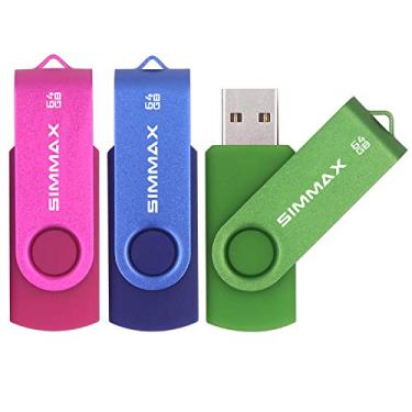 Imagem de SIMMAX 3 unidades de memória de 64 GB USB 2.0 Flash Drives Swivel Thumb Drive Pen Drive (64 GB rosa, azul, verde)