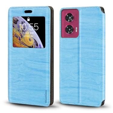 Imagem de Shantime Capa para Motorola Edge 50 Fusion 5G, capa de couro de grão de madeira com suporte para cartão e janela, capa flip magnética para Motorola Edge 50 Fusion 5G (6,7 polegadas) azul celeste