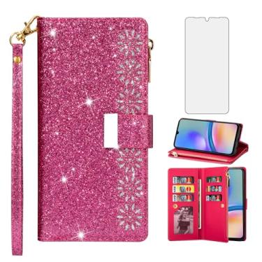 Imagem de Capa de telefone para Samsung Galaxy A05S capa carteira com protetor de tela de vidro temperado e alça de pulso de couro com glitter brilhante flip zíper suporte para cartão de crédito Ao5s Ao5 A 05s