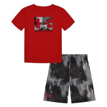 Imagem de Under Armour Conjunto de camiseta e short de manga curta para meninos, leve e respirável, Borrão vermelho/preto, 3 Anos