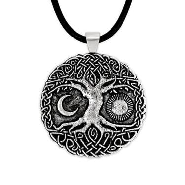 Imagem de HAQUIL Colar com pingente de lua crescente e sol da árvore da vida vintage, cordão de couro falso, presente de joalheria para homens e mulheres