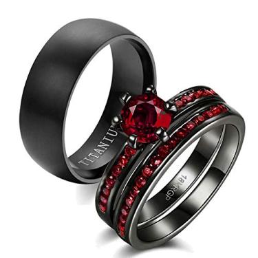Imagem de Dois anéis para ele e ela, conjuntos de alianças de casamento para casais femininos 2 peças preto preenchido com ouro vermelho CZ conjunto de alianças de casamento masculinas de titânio, Cristal Pedra