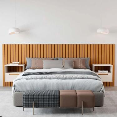 Imagem de Cabeceira Ripado Para Cama de Casal/Queen Maracá Nature Com 2 Mesa de Cabeceira Jatobá OffWhite - Rede Móveis