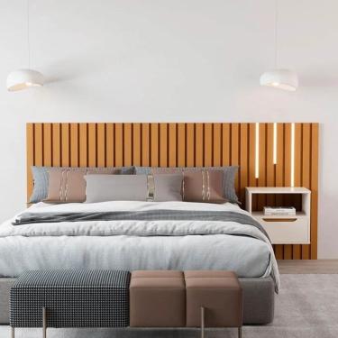 Imagem de Cabeceira Ripado Para Cama de Casal/Queen Maracá Nature Com Mesa de Cabeceira Jatobá Com Led OffWhite - Rede Móveis