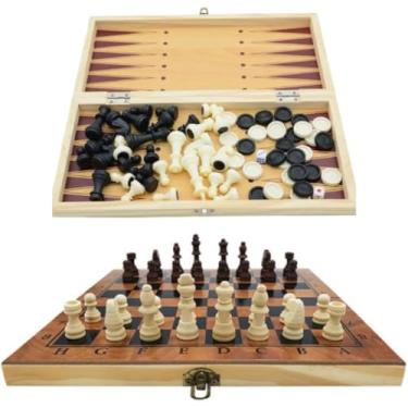 Imagem de Jogo de Xadrez Maleta 3 em 1 de Madeira - Tabuleiro Portátil de 29cm com Xadrez, Dama e Gamão - Conjunto Clássico para Todas as Idades