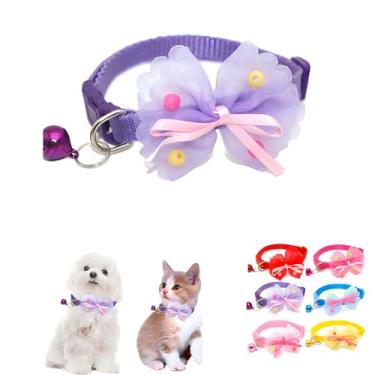 Imagem de Coleira roxa para gatos com sinos, coleira para filhotes, meninas com gravata borboleta, coleira de cachorro PP ajustável para animais de estimação PPP XSmall Pet Kitten Animal Minúsculo