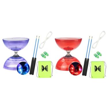 Imagem de SagaSave Flashing Triple Bearing Diabolo, Soft Rubber Yoyo Set, with 1 x Diabolo, 1 x Spare 10m Rope, 2 x Professional Poles, 1 x Net Bag, for Beginners & Experienced Players (Purple & Red)