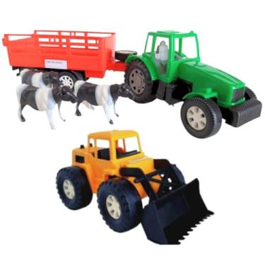 Imagem de Kit Trator de Brinquedo Boiadeiro Escavadeira Retroescavadeira Carretinha com Bois