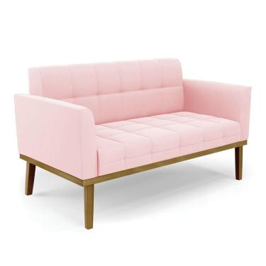 Imagem de Poltrona Namoradeira Decorativa Pés Fixo Em Madeira Castanho Suede Rosa Bebê