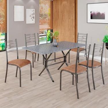 Imagem de Conjunto Sala de Jantar Mesa Retangular 140x75cm Tampo Granito Ocre 6 