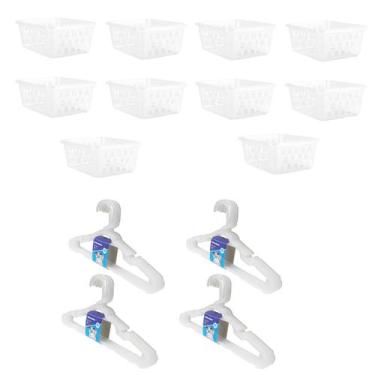 Imagem de Kit 10 Cestos Organizador Médio 20x15,5x6,5cm + 20 Cabides Transparent