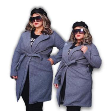 Imagem de Casaco Feminino Plus Size Sobretudo Tecido Lã Batida Bolso e Faixa - A