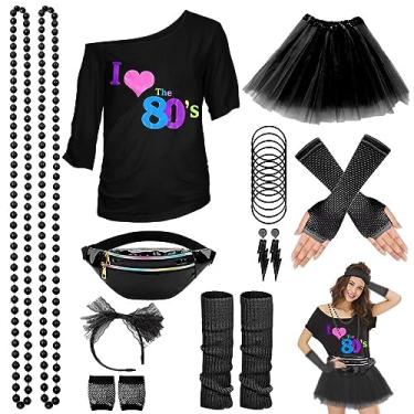 Imagem de WILDPARTY Acessórios de fantasia dos anos 80 para mulheres, camiseta tutu pochete faixa de cabeça brinco colar luvas arrastão polainas, Preto-80slove, GG