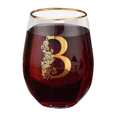 Imagem de Taça de vinho com monograma floral sem haste exclusiva gravada com inicial para tinto ou branco 425 g copo de vinho letra B - presentes para mulheres, homens, presentes de aniversário, Natal,