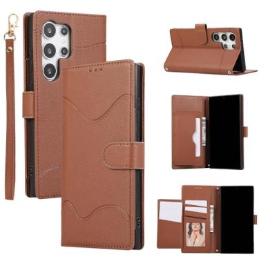Imagem de OHQ Capa carteira para Samsung Galaxy S24 com suporte para cartão de crédito com bloqueio RFID, capa protetora de couro texturizada personalizada com alça de pulso compatível com Samsung S24 (marrom)
