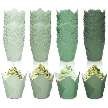 Imagem de Whaline 400 peças de forros de cupcake tulipa verde sálvia à prova de gordura forros de cozimento para muffin verde gradiente tulipa cupcake envoltórios copo de cozimento para chá de bebê nupcial