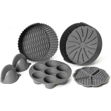 Imagem de EM Conjunto de 5 forros de silicone para fritadeira a ar – forros reutilizáveis para fritadeira de silicone com molde de mordida de ovo, luvas de forno – serve para antiaderente de 3 a 5 Qt, grau