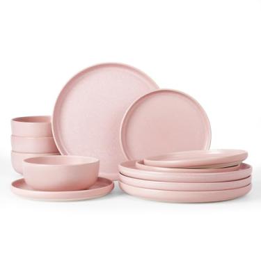 Imagem de Conjunto de pratos e tigelas Famiware Milkyway, aparelho de jantar com 12 peças, conjunto de pratos com esmalte reativo, conjunto de louça de cerâmica para 4, rosa claro