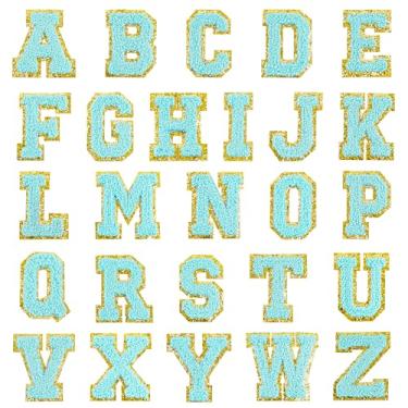 Imagem de Ssyuysto 26 peças de remendos de glitter ferro em letras chenille A-Z remendos decorativos bordados costurados personalizados para reparo de roupas, chapéus, camisas, sapatos, bolsas jeans (azul)