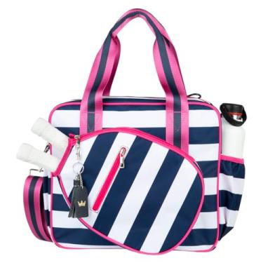Imagem de Queen of the Court - Bolsa Pickleball Prepster - Bolsa feminina Pickleball - O epítome de estilo, funcionalidade e durabilidade (listras azul-marinho / rosa)