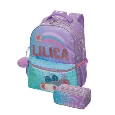 Imagem de Kit Mochila Lilica Ripilica Com Lantejoula E Estojo Triplo, Lilás