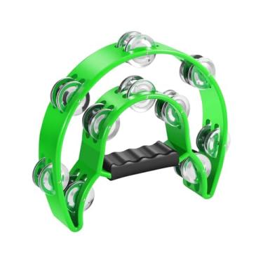 Imagem de 1 pandeiro verde de fileira dupla, jingles de metal, percussão manual, pandeiro de meia lua para adultos, KTV, festa (verde FBA)