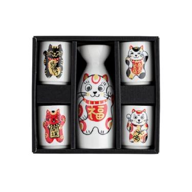 Imagem de Waraku Fuuka Conjunto de cerâmica soju vinho saquê japonês com 4 copos Ochoko e presentes de garrafa Tokkuri (Maneki Neko)